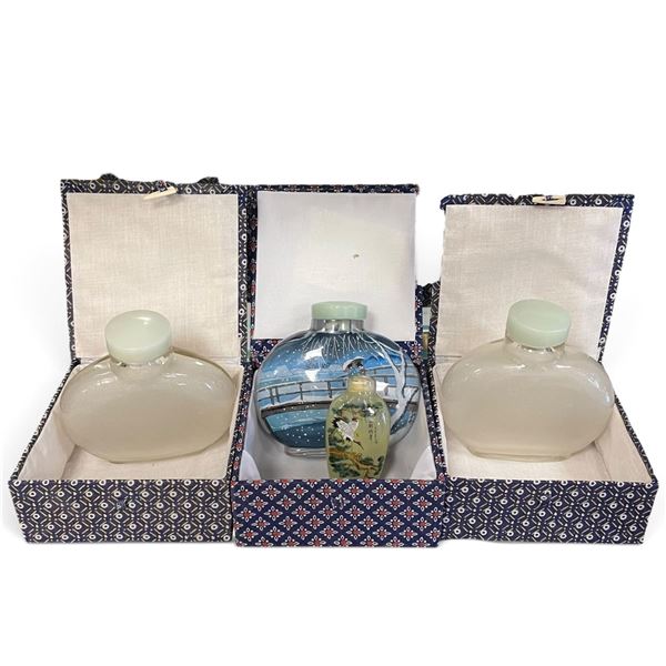 Group of Four Chinese Glass Snuff Bottles, Winter Landscape & Crane Decoration, Boxed