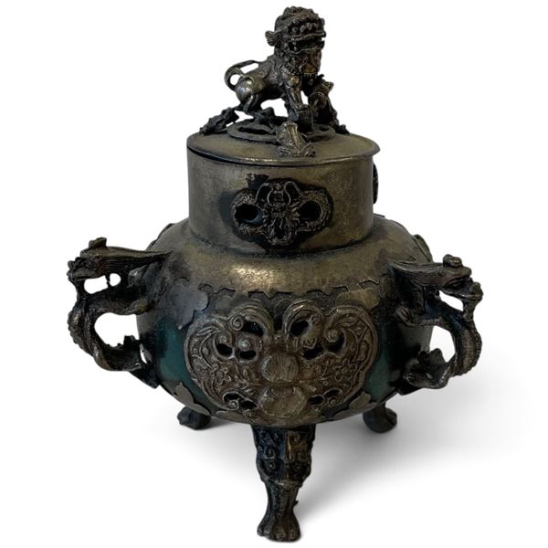 Chinese-Style Bronze-Tone & Blue-Green Tripod Censer with Dragons & Guardian Lion Finial 5.5" Tall