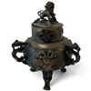 Image 1 : Chinese-Style Bronze-Tone & Blue-Green Tripod Censer with Dragons & Guardian Lion Finial 5.5" Tall