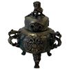 Image 3 : Chinese-Style Bronze-Tone & Blue-Green Tripod Censer with Dragons & Guardian Lion Finial 5.5" Tall