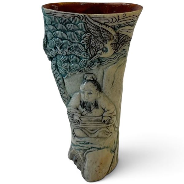 Asian Glazed Ceramic Relief Vase with Scholar, Cranes, Pine Trees & Rockwork 6" Tall
