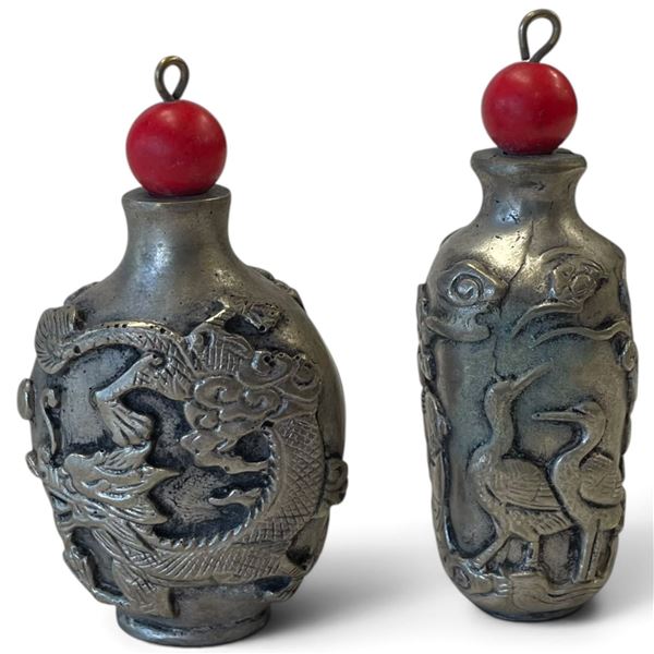 Pair of Asian Silver-Tone Metal Snuff Bottles with Dragon, Phoenix & Figural Relief