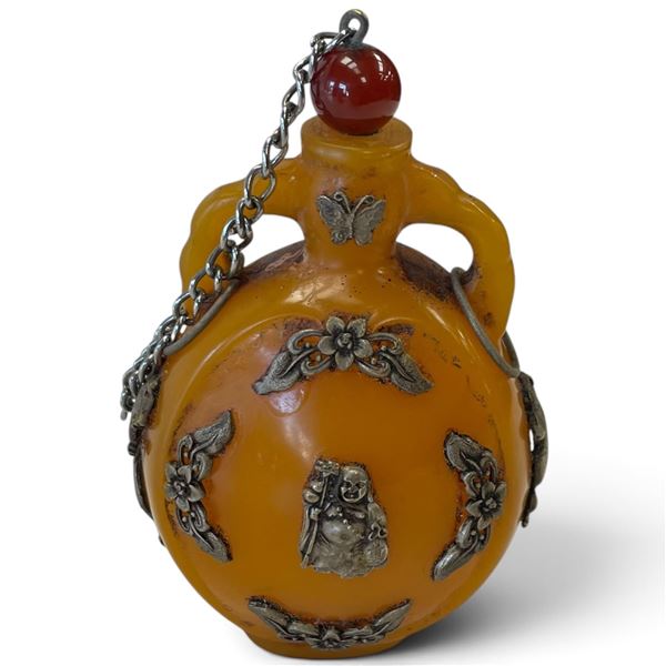 Chinese-Style Amber Snuff Bottle with Metal Appliqués, Spoon Stopper & Qianlong-Style Mark 4" Tall