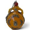 Image 1 : Chinese-Style Amber Snuff Bottle with Metal Appliqués, Spoon Stopper & Qianlong-Style Mark 4" Tall