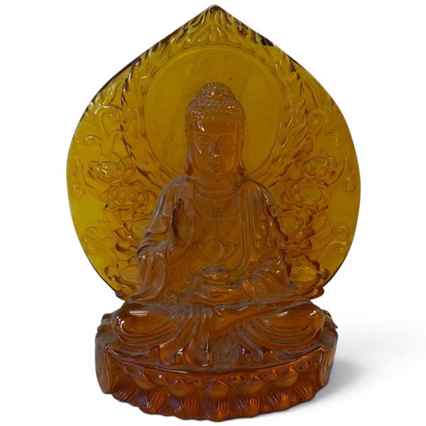 Amber-Colored Molded Glass Seated Buddha Figure with Lotus & Flame Mandorla 6" Tall