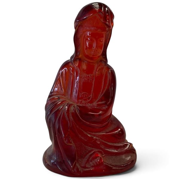 Molded Translucent Ruby-Red Glass Seated Guanyin Figure on Lotus-Form Base 7" Tall