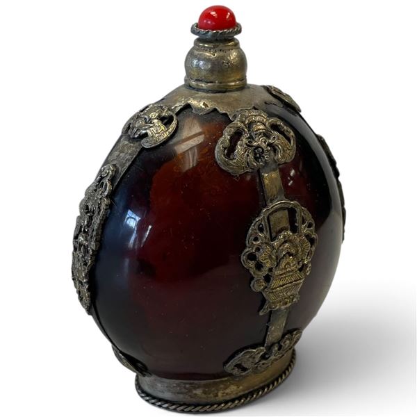 Tibetan-Style Dark Red Snuff Bottle with White Metal Mounts, Cabochon Stopper & Spoon 4" Tall