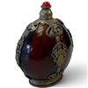 Image 1 : Tibetan-Style Dark Red Snuff Bottle with White Metal Mounts, Cabochon Stopper & Spoon 4" Tall