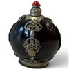 Image 3 : Tibetan-Style Dark Red Snuff Bottle with White Metal Mounts, Cabochon Stopper & Spoon 4" Tall