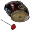 Image 4 : Tibetan-Style Dark Red Snuff Bottle with White Metal Mounts, Cabochon Stopper & Spoon 4" Tall