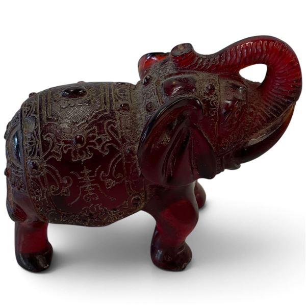 Ornate Translucent Ruby-Red Elephant Figurine with Raised Trunk & Incised Decoration 4.5" Long