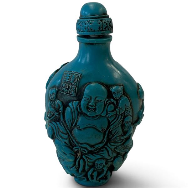 Chinese-Style Turquoise-Blue Relief Snuff Bottle, Budai & Attendants with Domed Stopper 4.5" Tall
