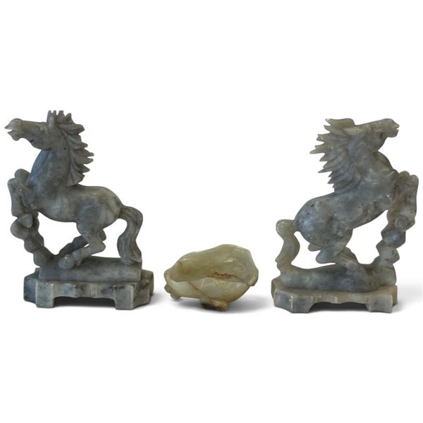 Three Carved Hardstone Animal Figures: Pair of Rearing Horses (7" Tall) & Recumbent Ram