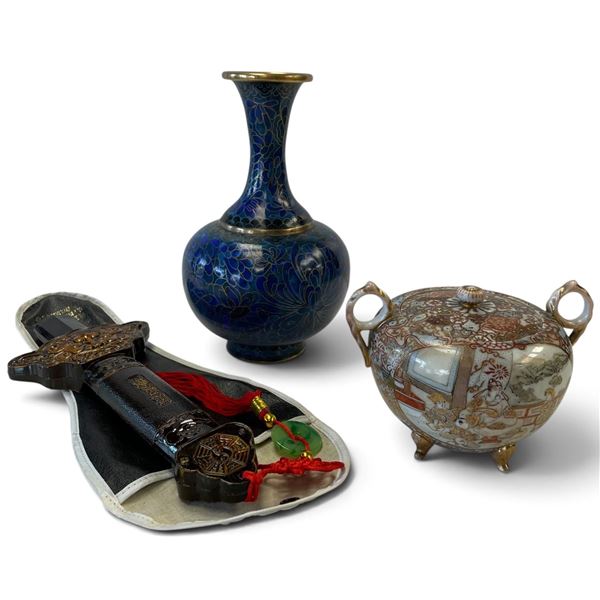 Asian Decorative Group: Cloisonné Vase, Figural Covered Jar & Ornamental Sword