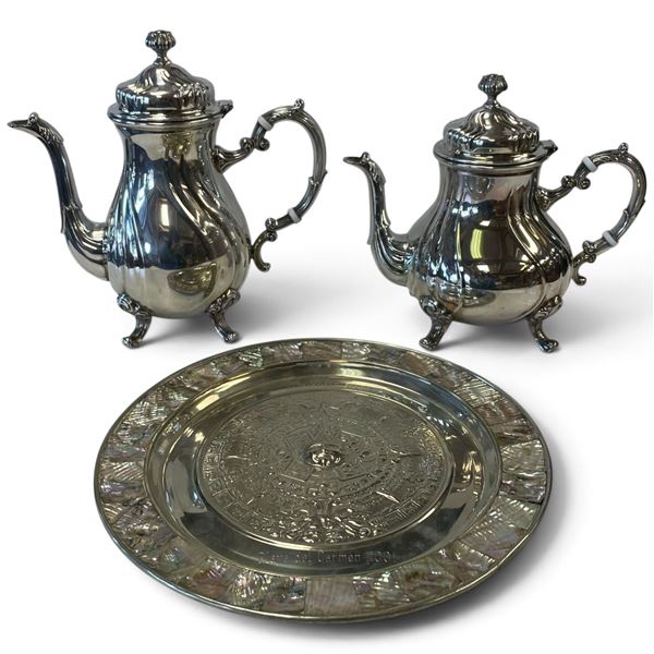 Viking Plate E.P. Brass Coffee & Tea Pots with Mexican Aztec Calendar Shell-Inlay Tray