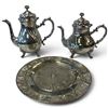 Image 1 : Viking Plate E.P. Brass Coffee & Tea Pots with Mexican Aztec Calendar Shell-Inlay Tray