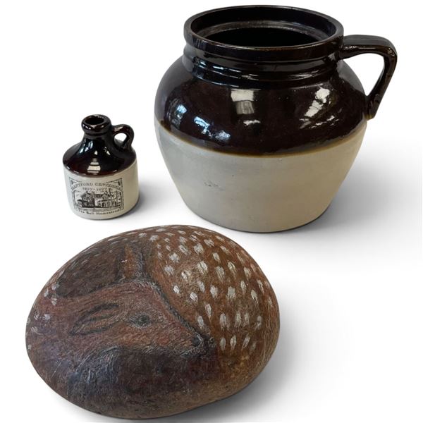 Brown-Glazed Stoneware Crock, Bell Homestead Jug & Hand-Painted Deer Stone, 3 Pieces