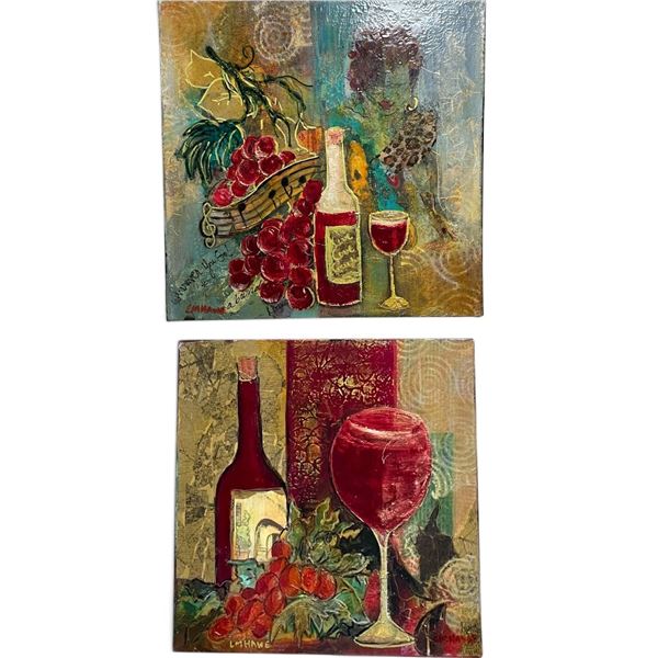 L.M. Hanne Signed Pair of Mixed-Media Wine, Grapes & Figure Paintings on Canvas