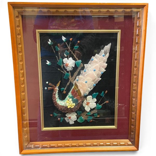 Framed Mixed-Media Hardstone & Glass Peacock and Floral Collage on Black Ground 20.5x24"