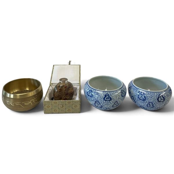 Asian Decorative Group: Brass Singing Bowl, Painted Glass Snuff Bottle & Ceramic Bowls