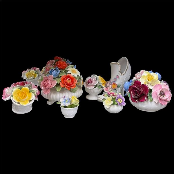 Seven English Bone China Floral Ornaments, Aynsley, Royal Adderley & Staffordshire