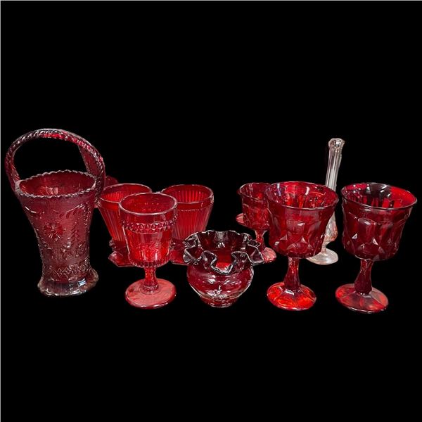 Assorted Ruby Red Pressed Glassware Group with Basket, Goblets & Ruffled Bowl