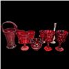 Image 1 : Assorted Ruby Red Pressed Glassware Group with Basket, Goblets & Ruffled Bowl