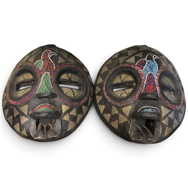 Pair Vintage Ghanaian Carved Wood Masks, Beadwork, Brass & Bird Motifs (8 x 9 in.)
