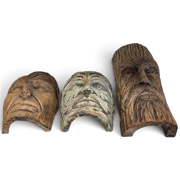 Group of Three Folk Art Glazed Ceramic Sculptural Face Plaques, Including Bearded Figure (T 10")
