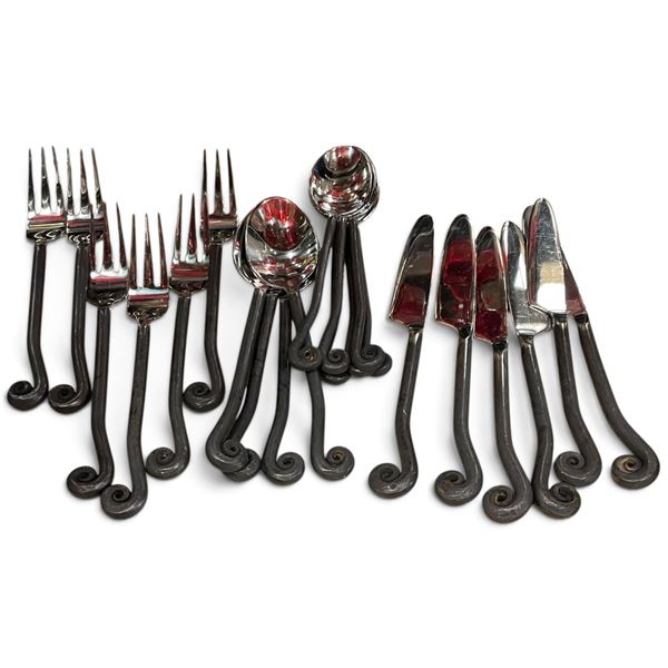 18-Piece Artisan-Style Flatware Set with Dark Scroll Handles, Forks, Spoons & Knives