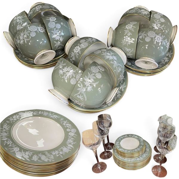 Wedgwood Sage Green Floral Bone China Dinner Service with Gold Trim & Stemware