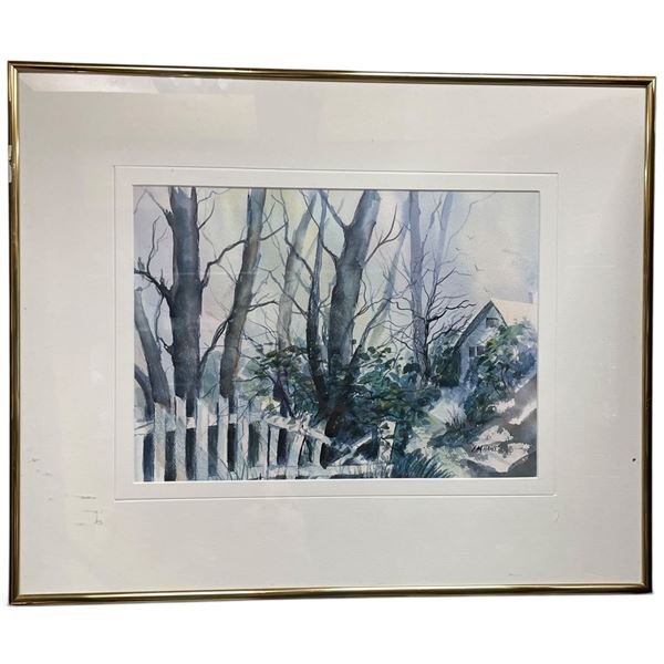 L. M. Hawe Signed Watercolor Woodland Cottage Landscape, Framed & Matted 22.5x18.5"