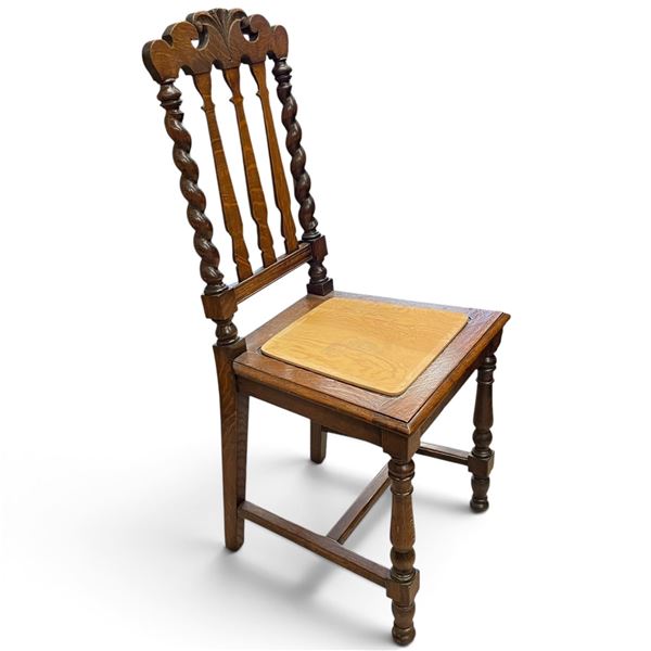 Jacobean Revival-Style Oak Side Chair with Barley-Twist Back & Inset Wood Seat