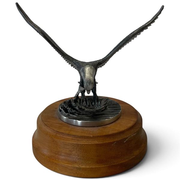 Signed Kane '88 Canadian Cast Metal Eagle Catching Fish Sculpture on Wood Base (5 in.)