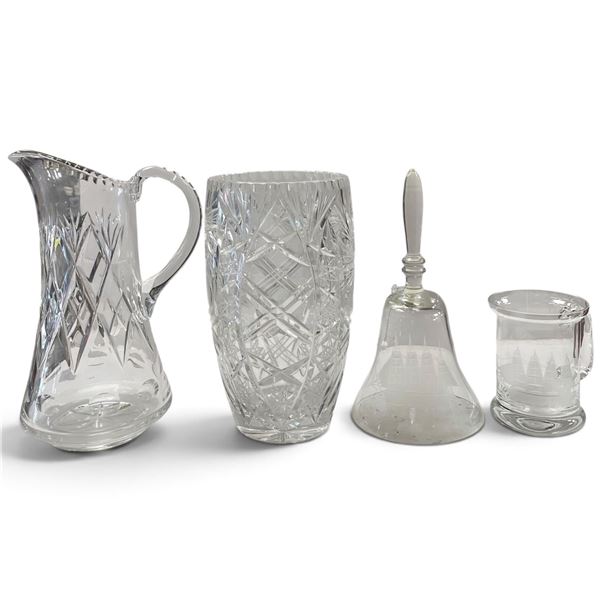 Four-Piece Cut & Engraved Crystal Glass Group with Pitcher, Vase, Bell & Ship Mug