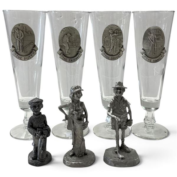 Philip Kraczkowski Rawcliffe Pewter Golf Figures & Four Medallion Glasses, 7 Pieces