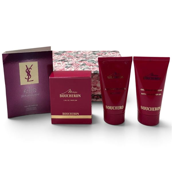 Miss Boucheron & YSL Elle Fragrance Miniatures, Bath Set & Floral Presentation Box