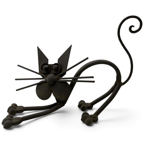 Whimsical Black-Finished Metal Cat Sculpture with Curled Tail, Whiskers & Long Paws 9" Tall