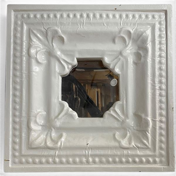 White-Painted Ornate Relief Wall Mirror with Fleur-de-Lis & Floral Decoration 23.5x23.5"