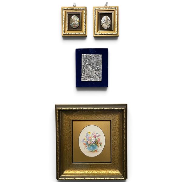 Four Framed Miniature Artworks: Floral Still Life, Scenic Plaques & Figural Metal Relief