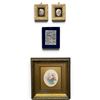 Image 1 : Four Framed Miniature Artworks: Floral Still Life, Scenic Plaques & Figural Metal Relief