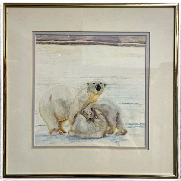 Signed Fritz Watercolour of Polar Bear Family in an Arctic Landscape - Framed 14" x 14"