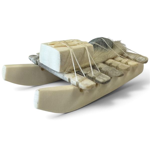Artist-Signed Inuit-Design Antler Sled with Soapstone Seal & Gear (4 in.)