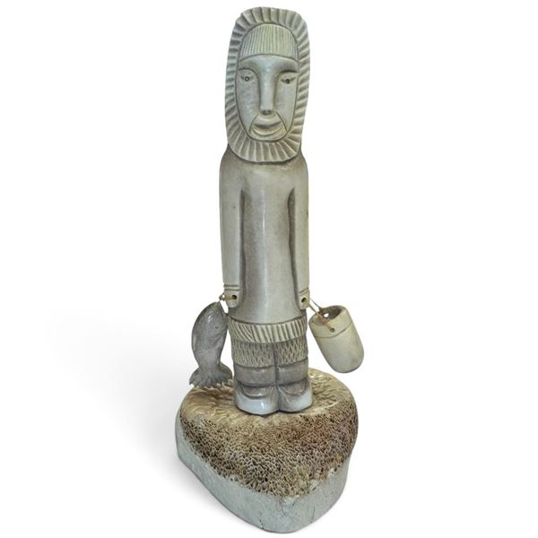 Signed HARRY J.t. 2011 Inuit/Inuvialuit Caribou Bone Fisherman Carving with Fish & Bucket, 5.5" Tall
