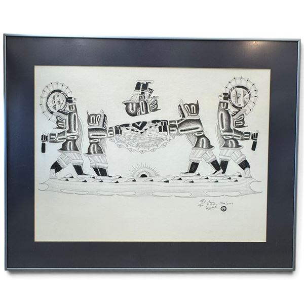 Peter Ragee Cape Dorset Inuit Art Figural Scene Drawing, Signed & Dated June 2009, Framed, 30" X 24"