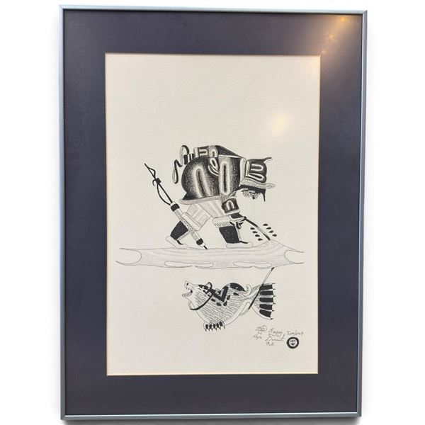 Peter Ragee Cape Dorset Inuit Art Hunter & Animal Scene Drawing, Signed June 2009, Framed, 17" X 23"
