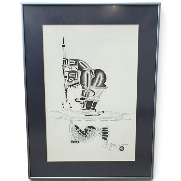 Peter Ragee Cape Dorset Inuit Art Hunter & Seal Drawing, Signed & Dated June 2009, Framed, 17" X 23"