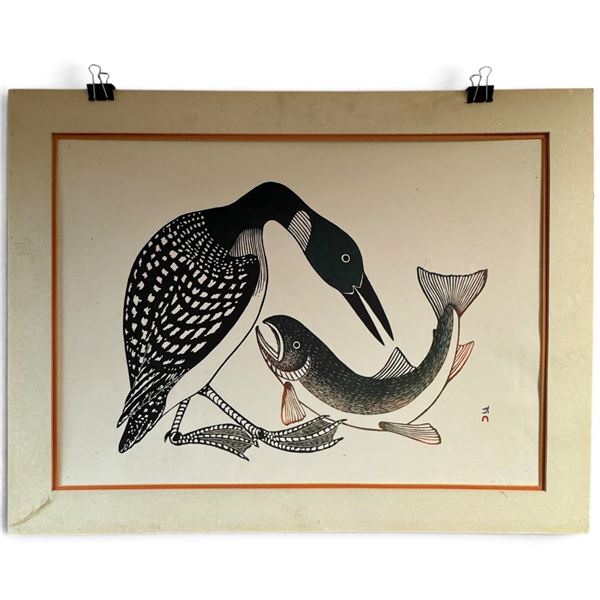 "The Loon and the Fish" by Kananginak Pootoogook, Inuit Unframed Lithograph  30" X 23"