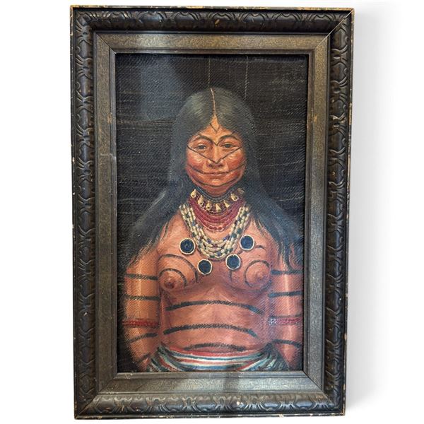 Original Portrait Painting of Woman in Traditional Attire, Illegibly Signed, Ornate Frame, 15" x 22"