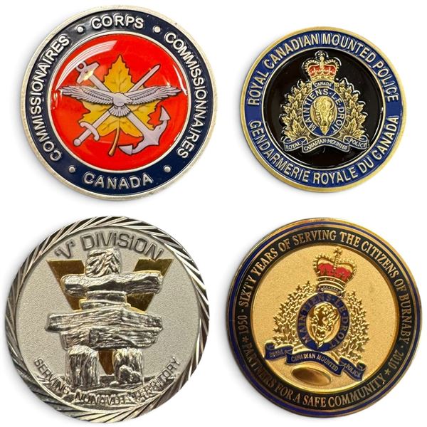 Four Canadian RCMP & Commissionaires Challenge Coins, Burnaby, Nunavut & Fort Macleod